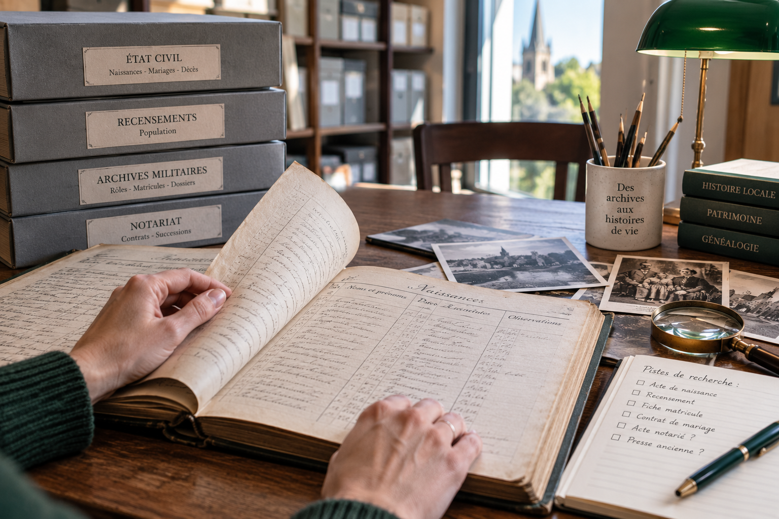 Recherche généalogique dans un registre ancien au milieu de différentes sources d’archives
