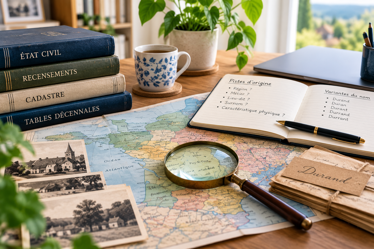 Carte de France, registres anciens et carnet de recherche montrant plusieurs variantes d’un même nom de famille.