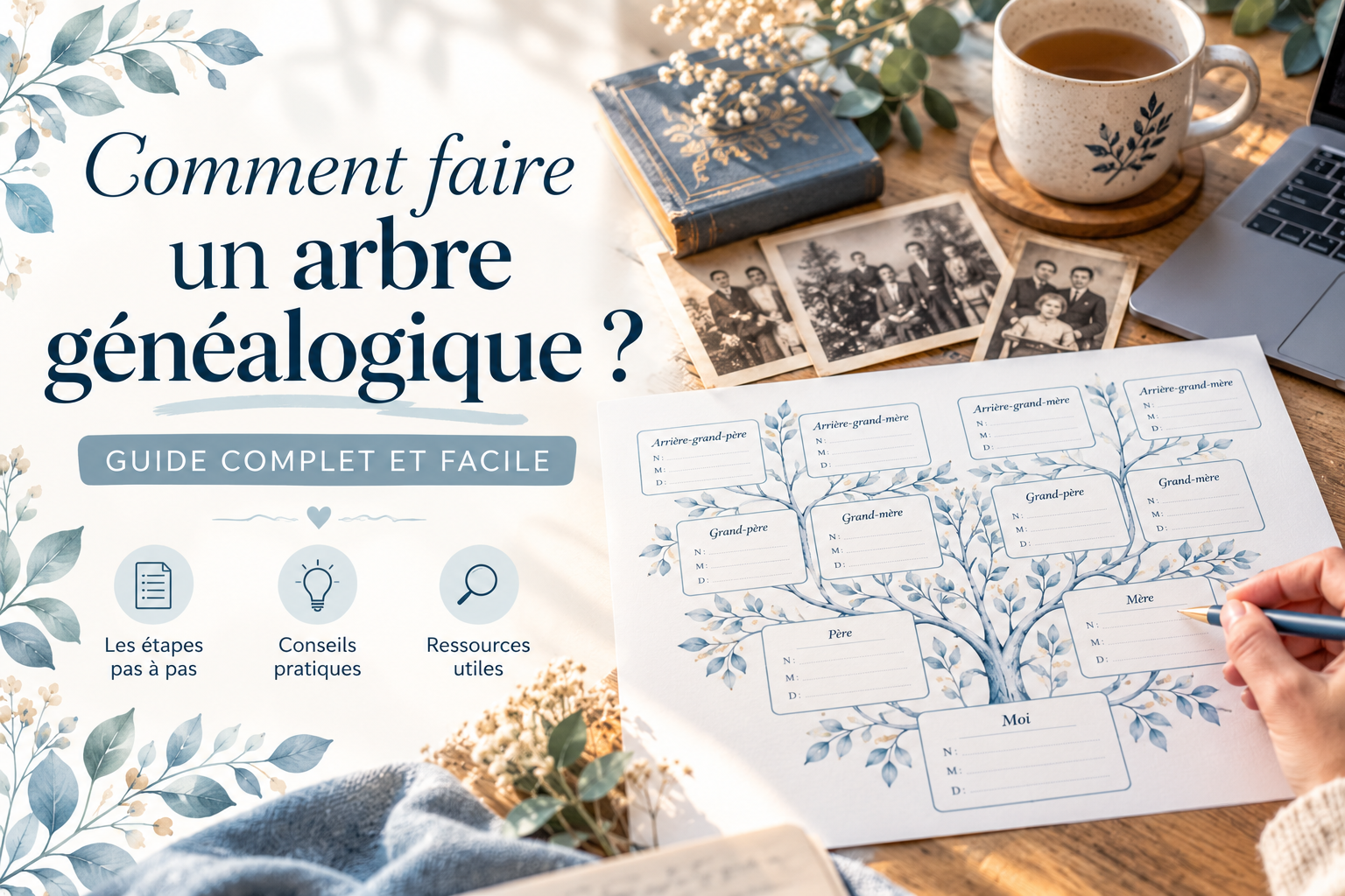 Création d’un arbre généalogique sur papier avec photographies de famille et documents anciens