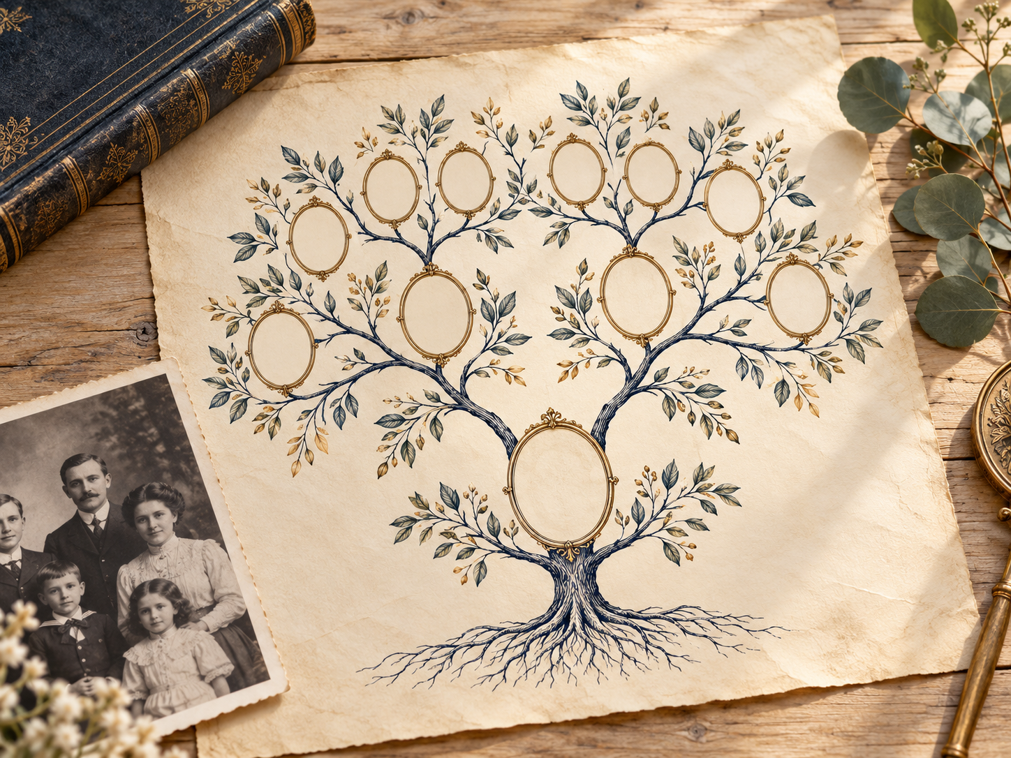 Construire son arbre généalogique Arbre généalogique illustré sur un papier ancien, accompagné d’une photographie familiale, d’un livre et d’eucalyptus.