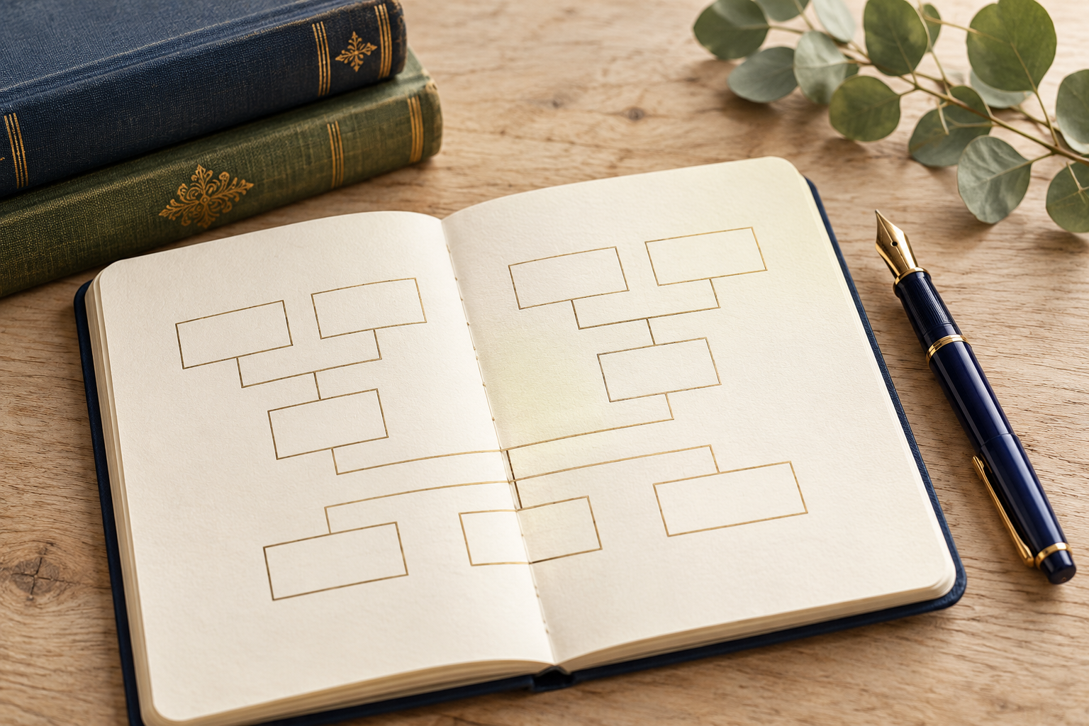 Carnet ouvert avec un arbre généalogique à compléter et un stylo