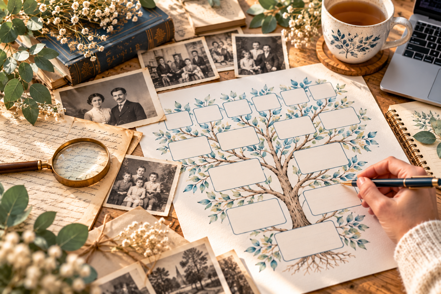 Création d’un arbre généalogique sur papier avec photographies de famille et documents anciens