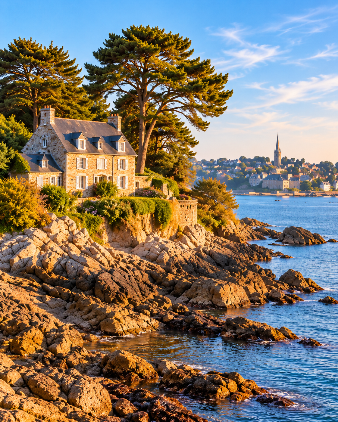 Maison en pierre entourée de pins sur une côte rocheuse, avec la mer et un village au loin.