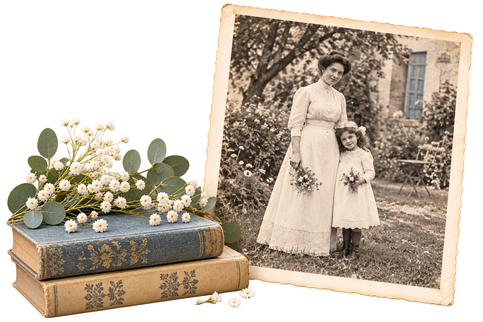 Illustration d’une photographie ancienne représentant une femme et une fillette, entourée de livres et de fleurs.