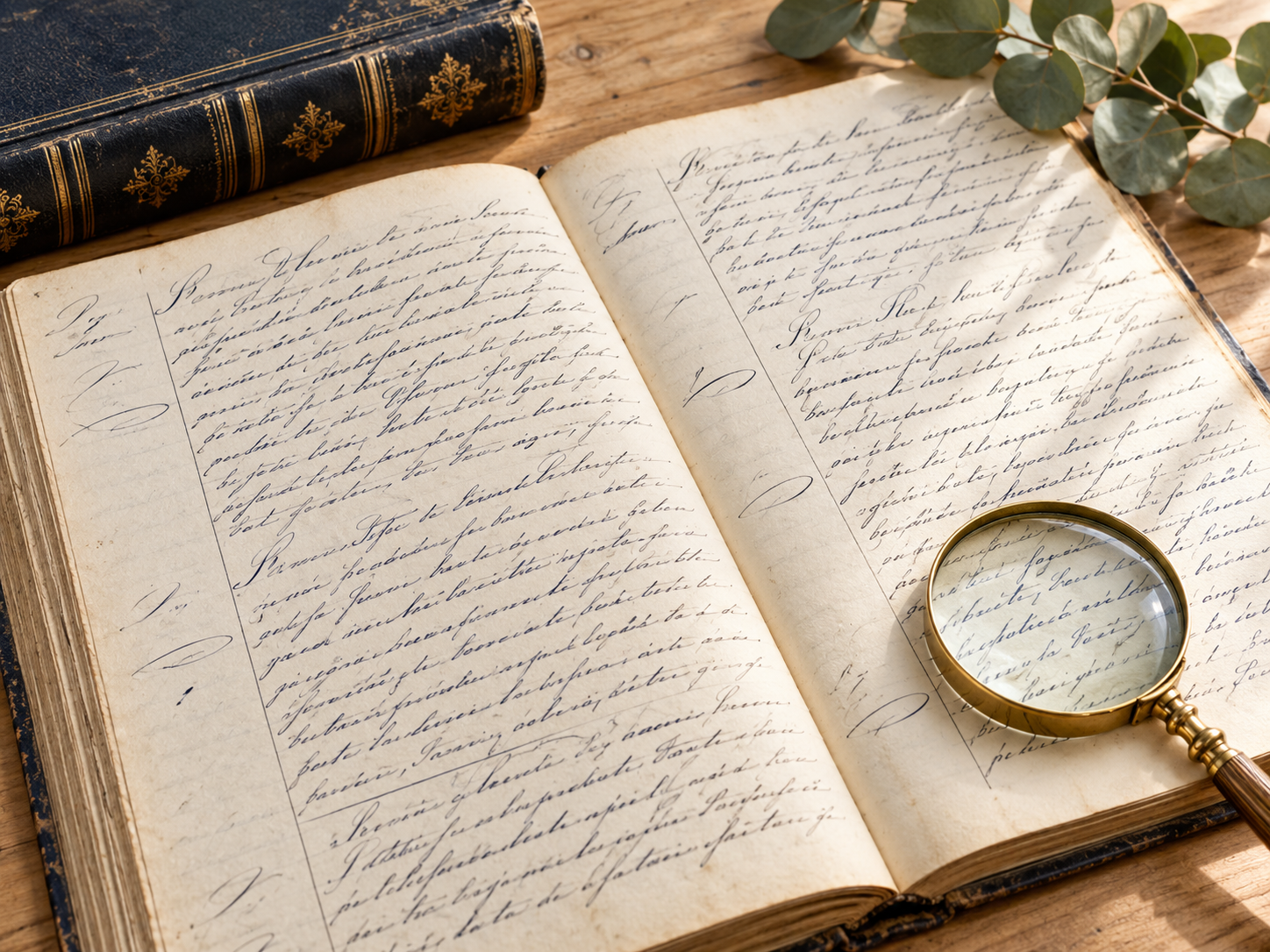 Lire un acte de naissance ancien Registre manuscrit ouvert avec une loupe en laiton, un livre ancien et des feuilles d’eucalyptus.