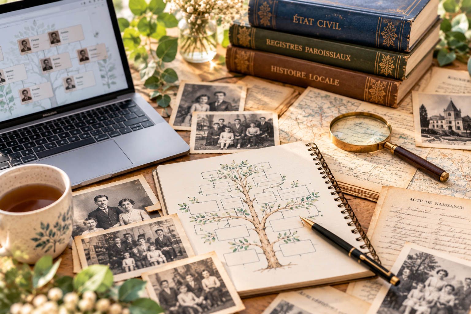 Organisation d’un arbre généalogique avec photographies de famille, documents anciens, cartes et ordinateur