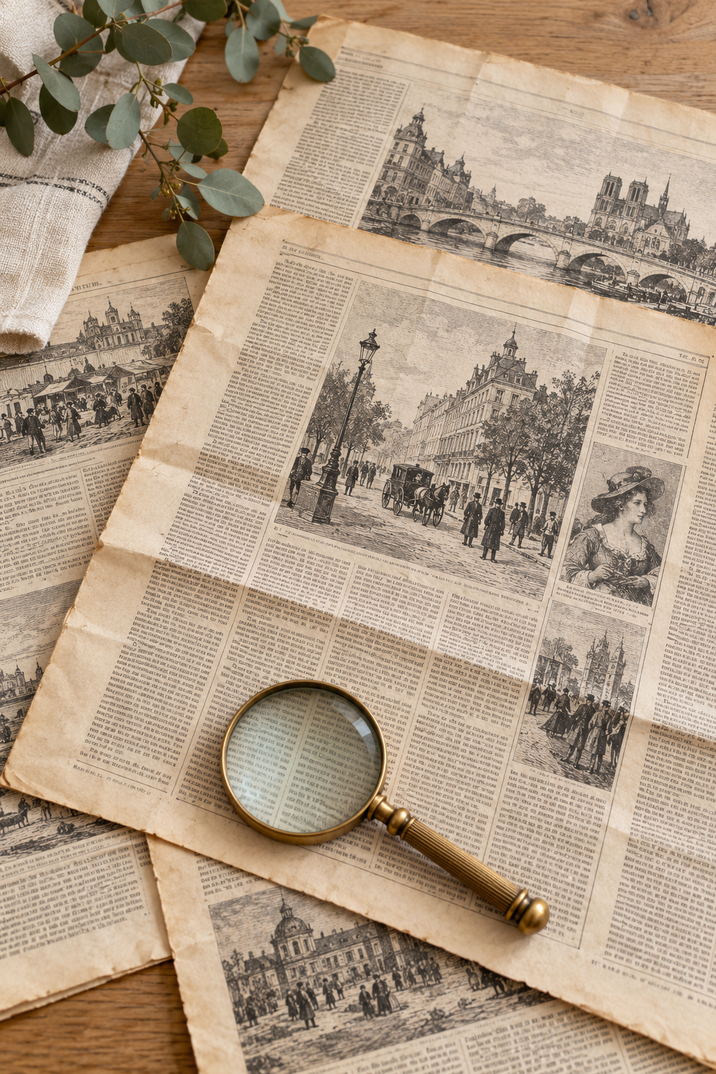 Journaux anciens illustrés avec une loupe en laiton sur une table