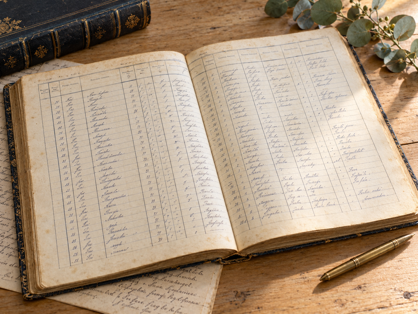 Utiliser les recensements en généalogie Registre ancien ouvert présentant un tableau manuscrit, accompagné d’un livre, d’eucalyptus et d’un stylo en laiton.