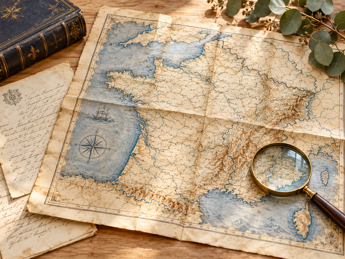 Trouver des ressources gratuites en généalogie Carte ancienne illustrée accompagnée d’une loupe, de documents manuscrits et d’un livre.