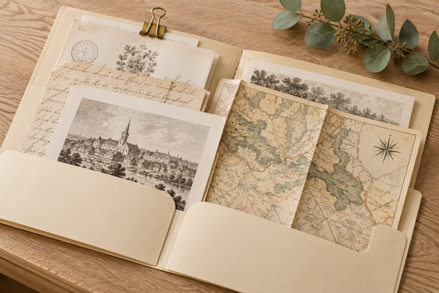 Dossier ouvert contenant des documents anciens et une carte